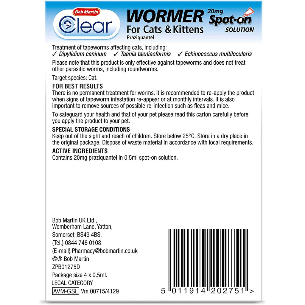 Bob Martin Clear Wormer SpotOn for Cats and Kittens 4 Pipettes