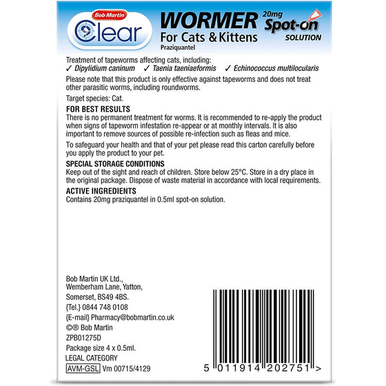 Bob Martin Clear Wormer SpotOn for Cats and Kittens 4 Pipettes